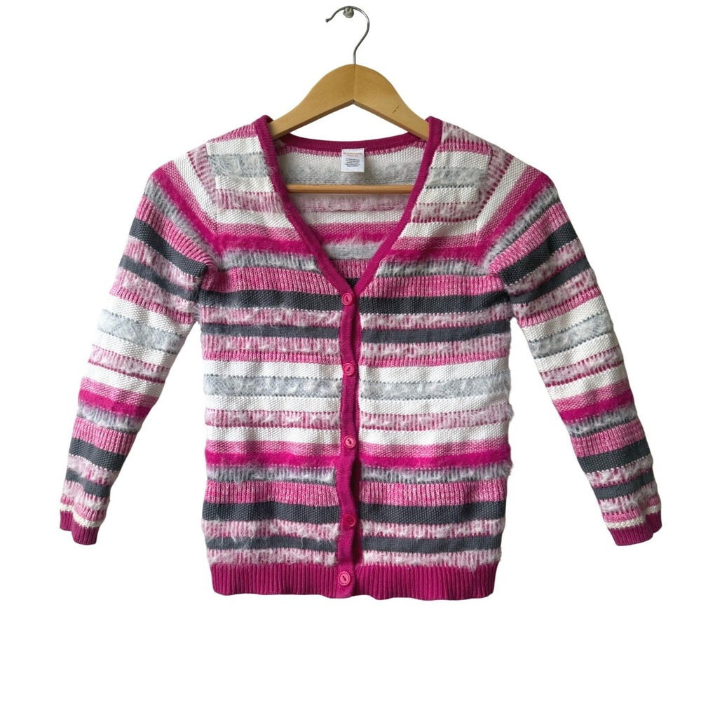 Gymboree Girls Striped Fuzzy Cardigan Sweater Size M‎ 7/8 Pink Preppy Furry Cute